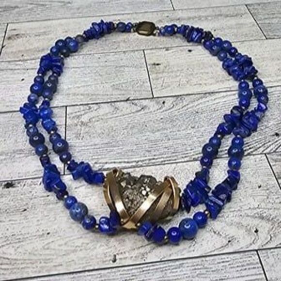 Lapis Lazuli, Sodalite Chip 2 Strand Necklace Large Druzy Pendant 18"L - Picture 7 of 7